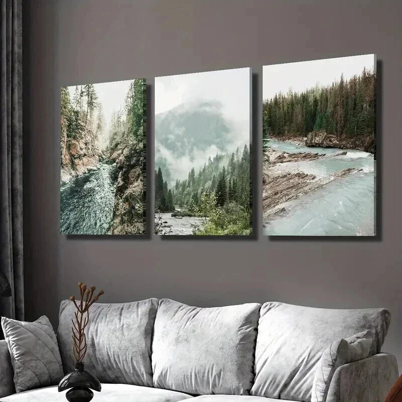 3pcs Misty Mountains & Pine Trees Landscape Wall Art Set Canvas Framed 40x60cm - High Quality Print 100% Australian Made Wall Canvas Ready to Hang