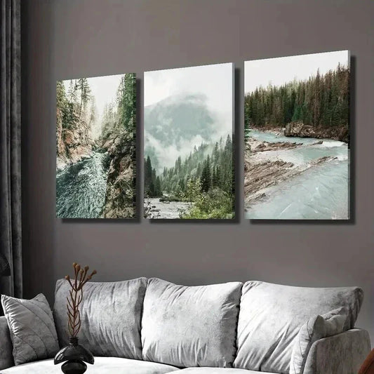 3pcs Misty Mountains & Pine Trees Landscape Wall Art Set Canvas Framed 40x60cm - High Quality Print 100% Australian Made Wall Canvas Ready to Hang