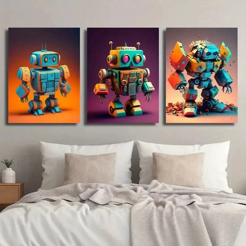 3pcs Blue & Orange Toy Robots Decor Wall Art Set Canvas Framed 40x60cm - High Quality Print 100% Australian Made Wall Canvas Ready to Hang