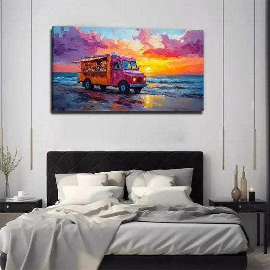 Food Truck By The Sea Nature Wall Art Canvas Office Home Room Framed 80x45cm