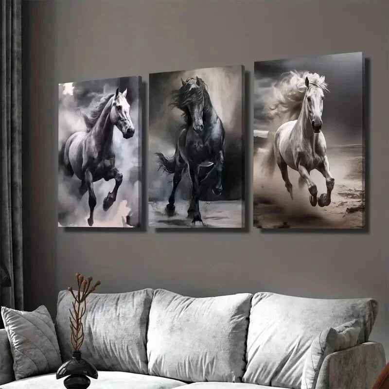 3pcs Galloping Horses Black and White Horse Wall Art Set Canvas Framed 40x60cm - High Quality Print 100% Australian Made Wall Canvas Ready to Hang