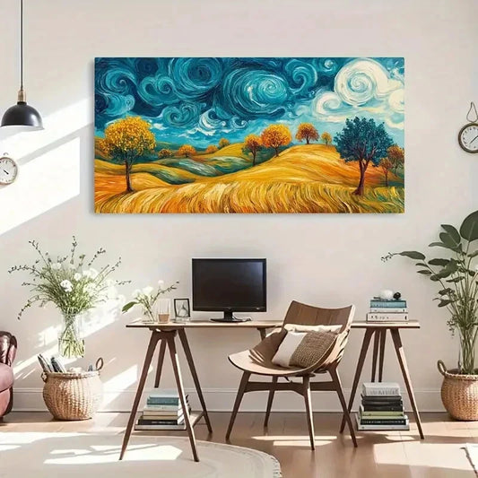 Yellow Field Swirling Sky Wall Art Canvas Office Home Room Framed 120x60cm