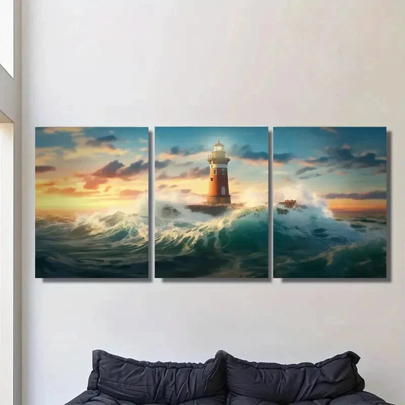 3pcs Ocean Sunset Lighthouse Triptych Metal Print Ready to Hang Art