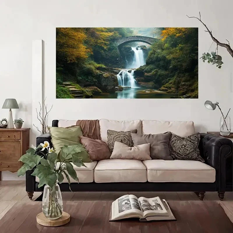 Waterfall Bridge Nature Scene Wall Art Canvas Office Home Room Framed 120x60cm