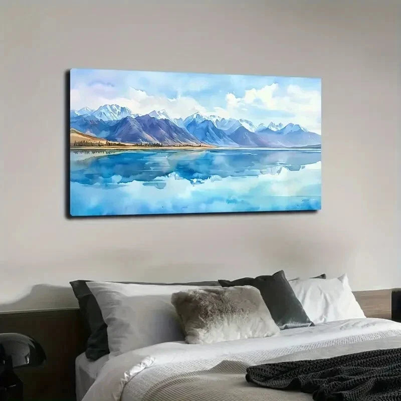 Serene Blue Lake with Snow Wall Art Canvas Office Home Room Framed 120x60cm