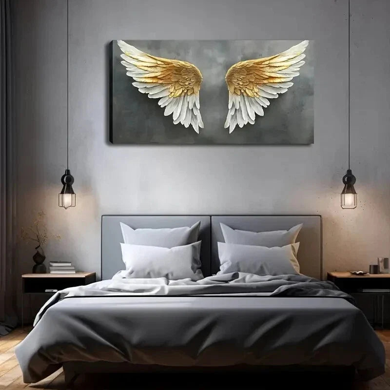 Angel Wings in White and Golden Wall Art Canvas Office Home Room Framed 80x45cm