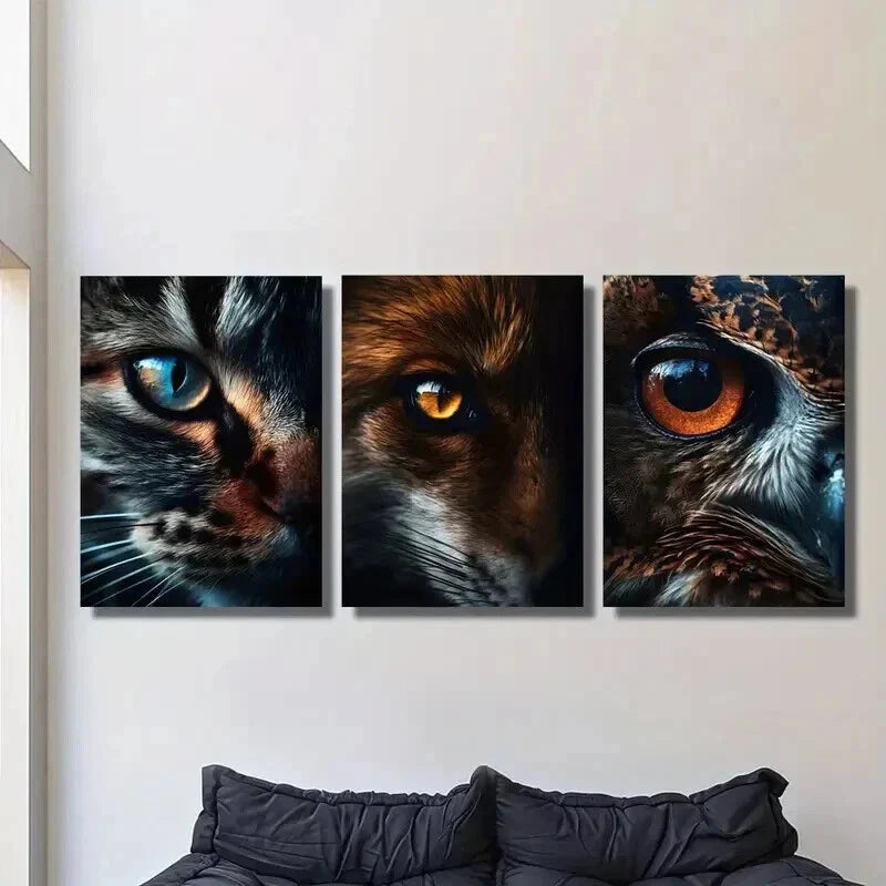 3pcs Portraits of Cat Fox & Owl Eyes Wall Art Set Canvas Framed 40x60cm - High Quality Print 100% Australian Made Wall Canvas Ready to Hang