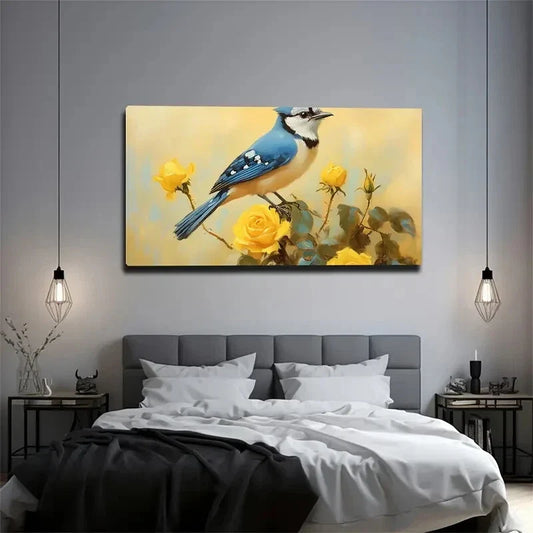 Blue Jay & Yellow Rose Wall Art Canvas Office Home Room Framed 120x60cm