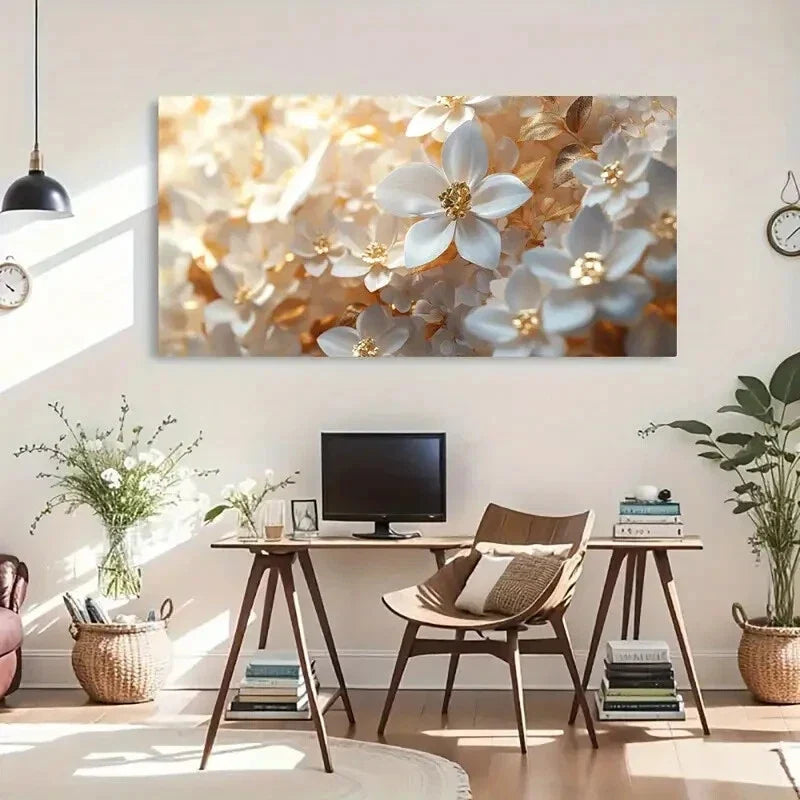 Golden Leaves White Flowers Wall Art Canvas Office Home Room Framed 120x60cm