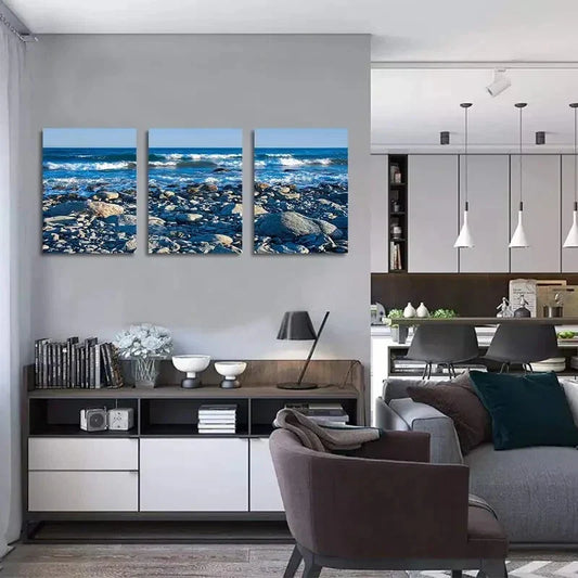 3pcs Ocean Beach Wood &amp; Stone Stones Seascape Metal Print Ready to Hang Art