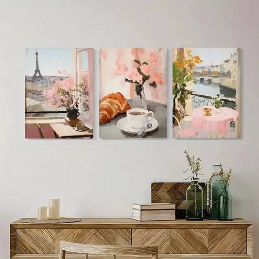 3pcs Soft Pink Paris Trendy Painting Metal Print Ready to Hang Art