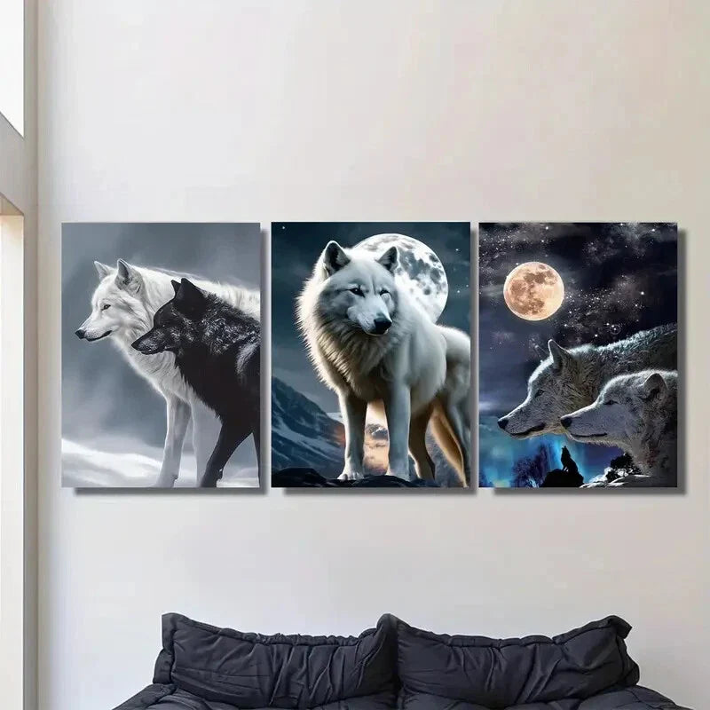 3pcs Wolf Triptych Moonlit Night Sky Metal Print Ready to Hang Art