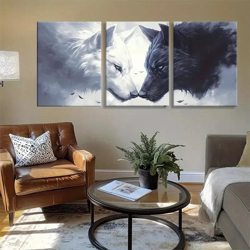3pcs White and Black Wolf Face Abstract Perfect Wall Art Set Canvas Framed 40x60cm - High Quality Print 100% Australian Made Wall Canvas Ready to Hang