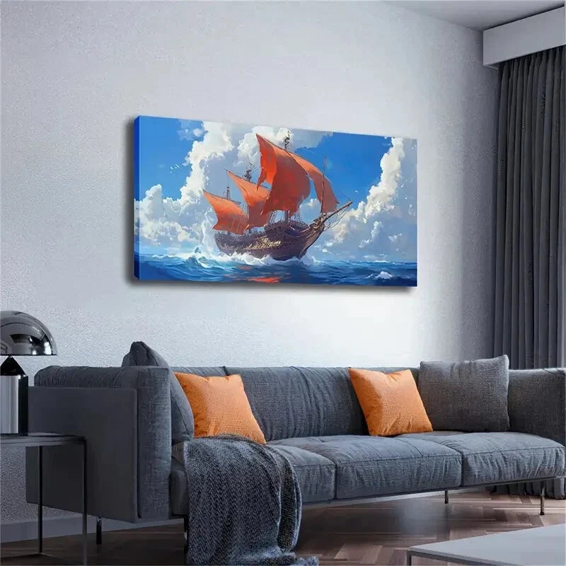 Vibrant Red Sailboat Blue Ocean Wall Art Canvas Office Home Room Framed 120x60cm