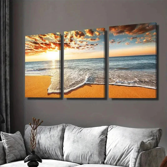 3pcs Beach Sunset Vibrant Sunset Painting Wall Art Set Canvas Framed 40x60cm - High Quality Print 100% Australian Made Wall Canvas Ready to Hang