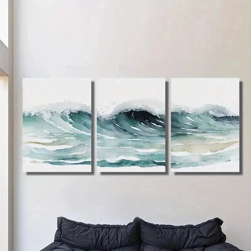 3pcs Ocean Waves Watercolor Painting Wall Art Set Canvas Framed 40x60cm - High Quality Print 100% Australian Made Wall Canvas Ready to Hang