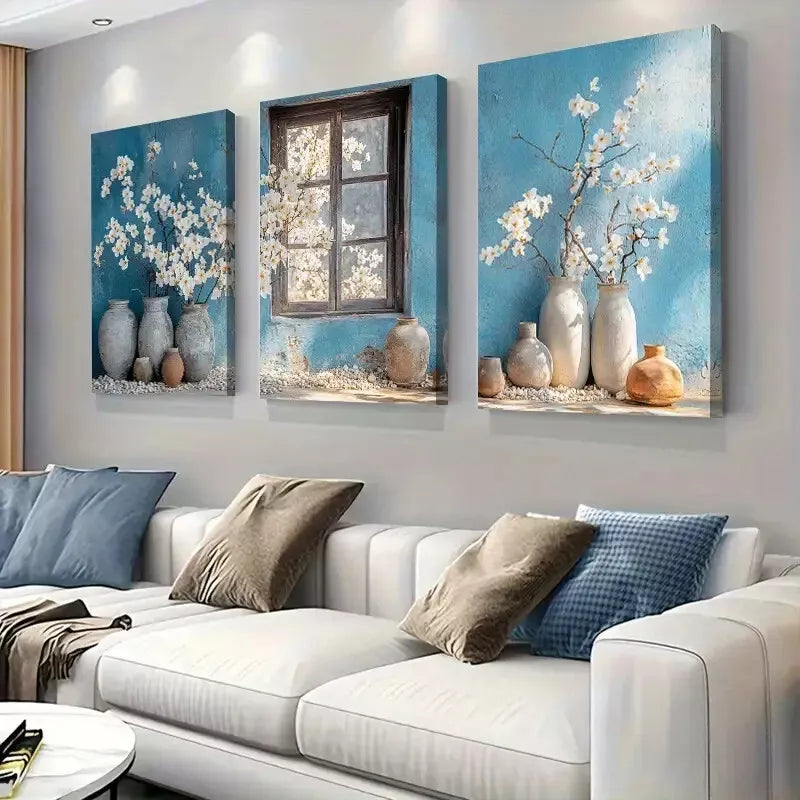 3pcs White Blossom Flowers-Vintage Floral  Wall Art Set Canvas Framed 40x60cm - High Quality Print 100% Australian Made Wall Canvas Ready to Hang