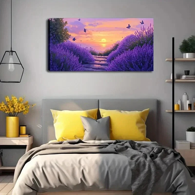 Lavender Fields Sunset Scene Wall Art Canvas Office Home Room Framed 120x60cm