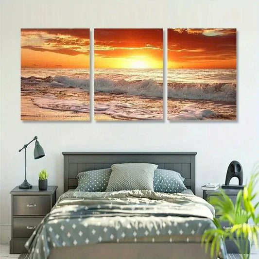 3pcs Sunset Ocean Beach Vibrant Seascape Metal Print Ready to Hang Art