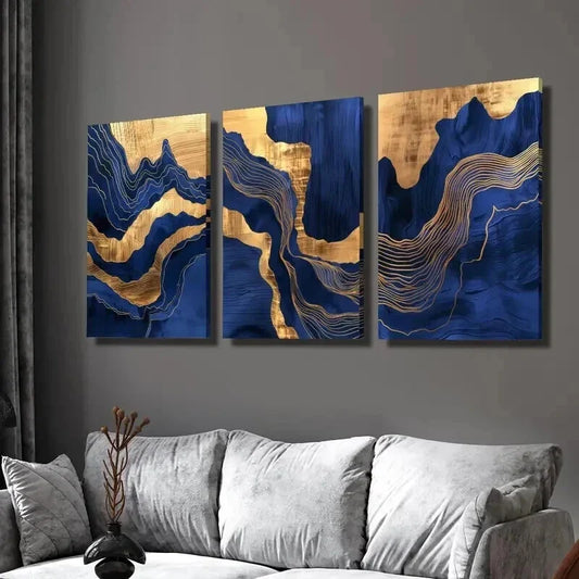 3pcs Wavy Blue Marble and Gold Gilt Wall Art Set Canvas Framed 40x60cm - High Quality Print 100% Australian Made Wall Canvas Ready to Hang