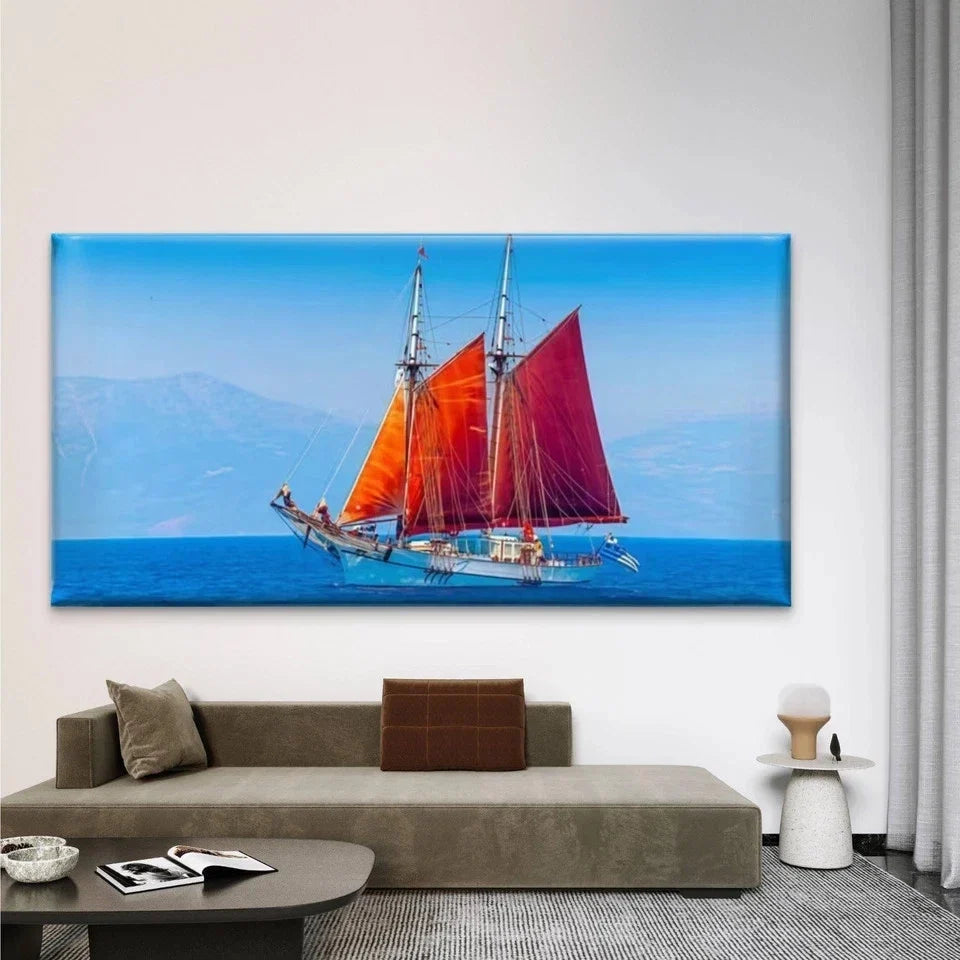 Red Sailboat On Blue Ocean Wall Art Canvas Office Home Room Framed 80x45cm