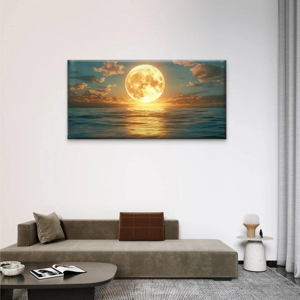 Moon Over Ocean Calm Wall Art Canvas Office Home Room Framed 120x60cm