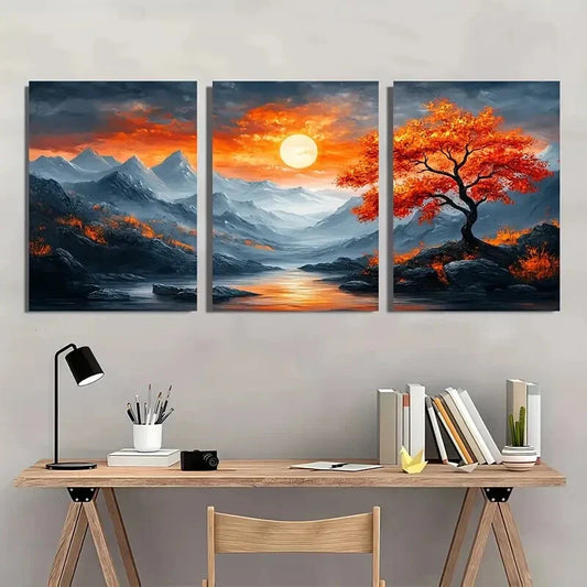 3pcs Mountain Sunset Vibrant Autumn Tree Metal Print Ready to Hang Art