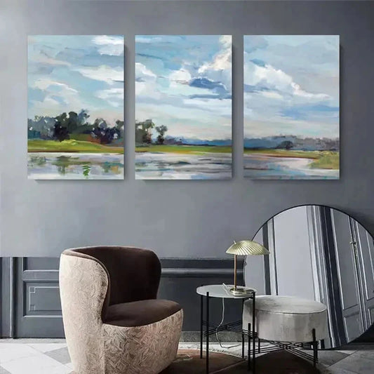 3pcs Sky and River with Trees Landscape Metal Print Ready to Hang Art