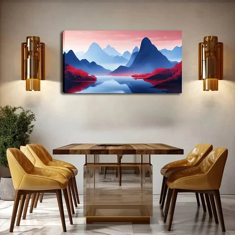 Red Foliage & Serene Lake Scene Wall Art Canvas Office Home Room Framed 120x60cm