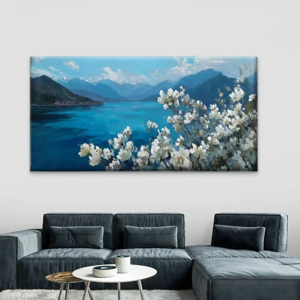 Mountain & White Flower LandscaWall Art Canvas Office Home Room Framed 80x45cm
