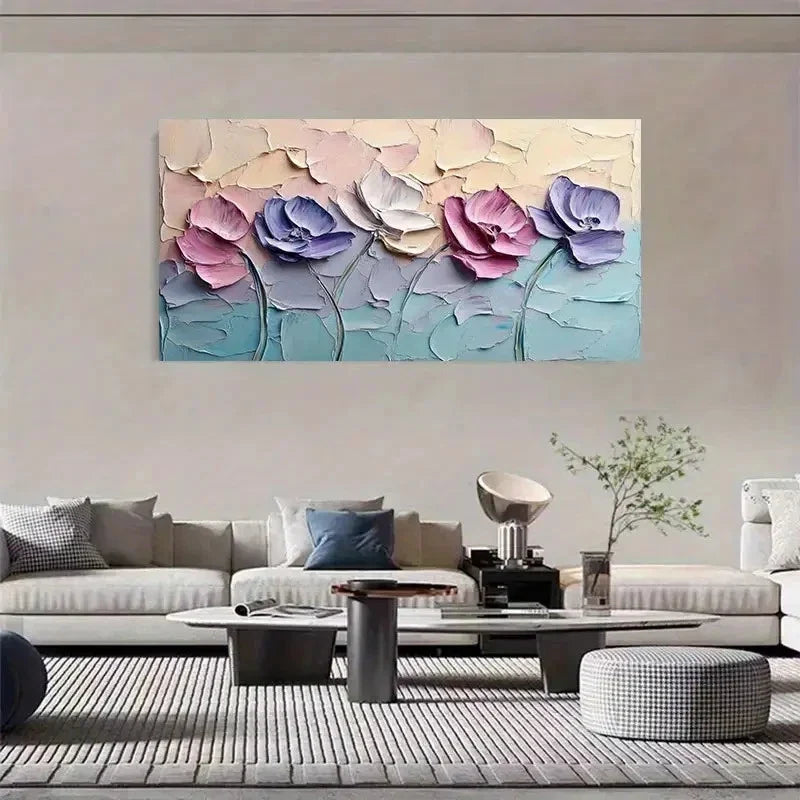 Textured Flowers Soft Pastel Wall Art Canvas Office Home Room Framed 120x60cm