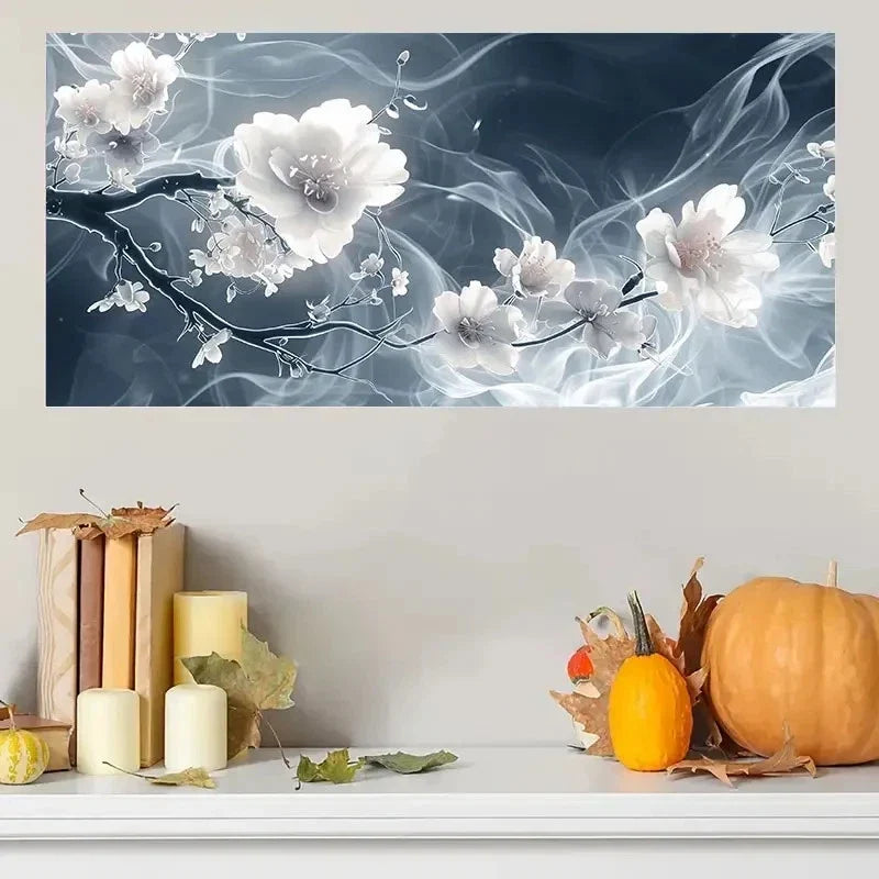 White Peach Blossom Smoke Wall Art Canvas Office Home Room Framed 120x60cm