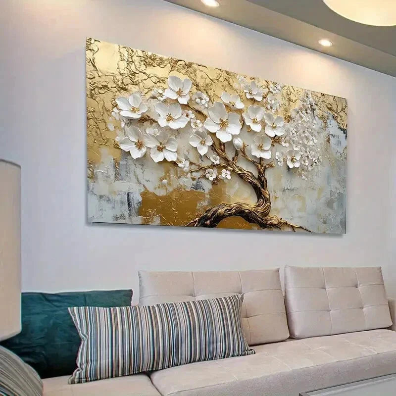 Minimalist Golden White Floral Wall Art Canvas Office Home Room Framed 80x45cm