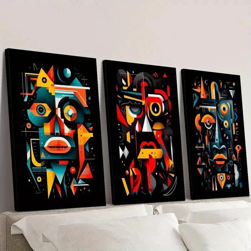 3pcs Geometric Human Face Illustration Wall Art Set Canvas Framed 40x60cm - High Quality Print 100% Australian Made Wall Canvas Ready to Hang