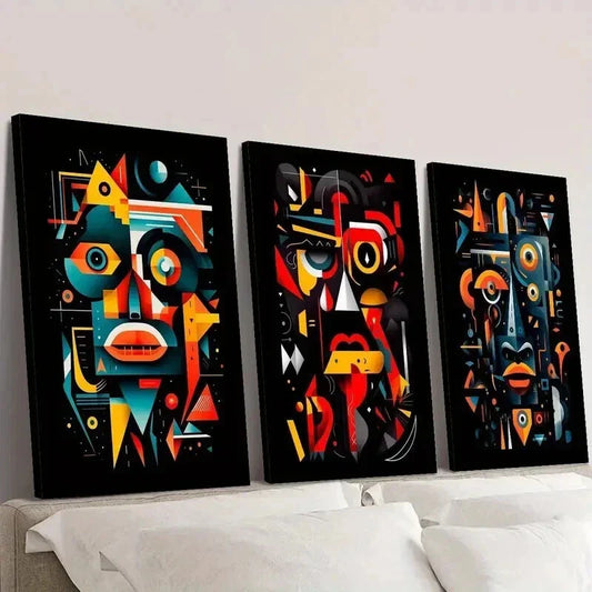 3pcs Geometric Human Face Illustration Wall Art Set Canvas Framed 40x60cm - High Quality Print 100% Australian Made Wall Canvas Ready to Hang