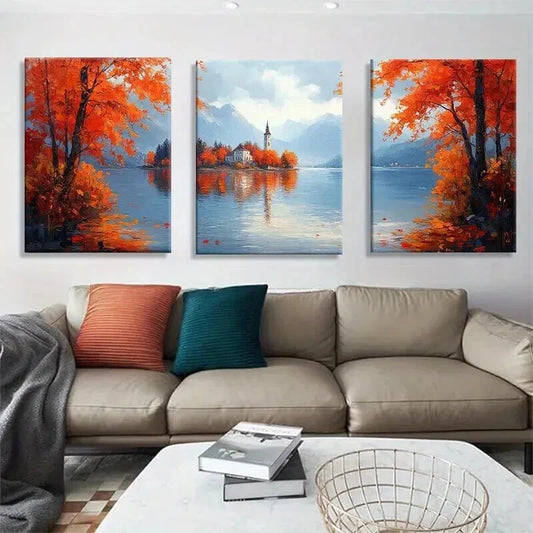 3pcs Vibrant Orange Trees Mountain Reflections Wall Art Set Canvas Framed 40x60cm - High Quality Print 100% Australian Made Wall Canvas Ready to Hang