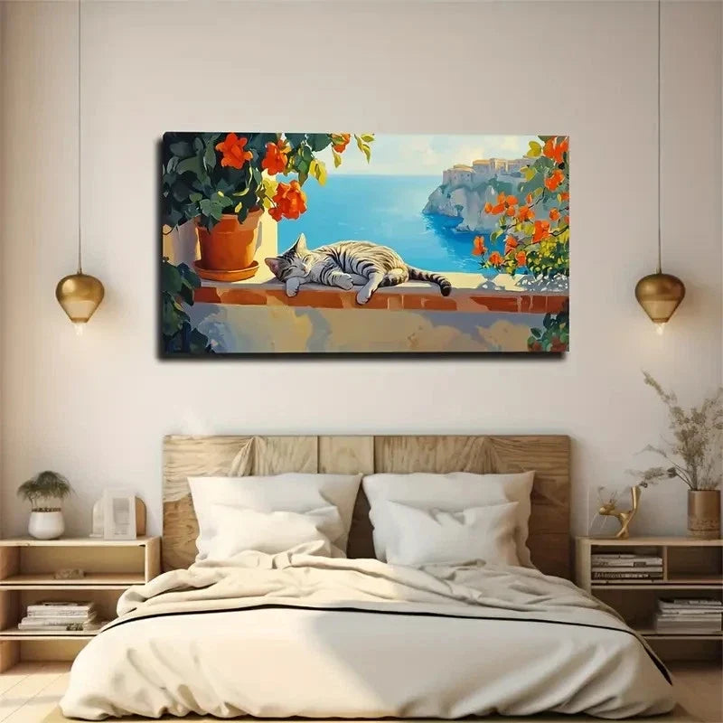 Serene Cat By The Sea Wall Art Canvas Office Home Room Framed 120x60cm