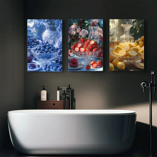3pcs Abstract Fruit Bowl Vibrant Colorful Metal Print Ready to Hang Art