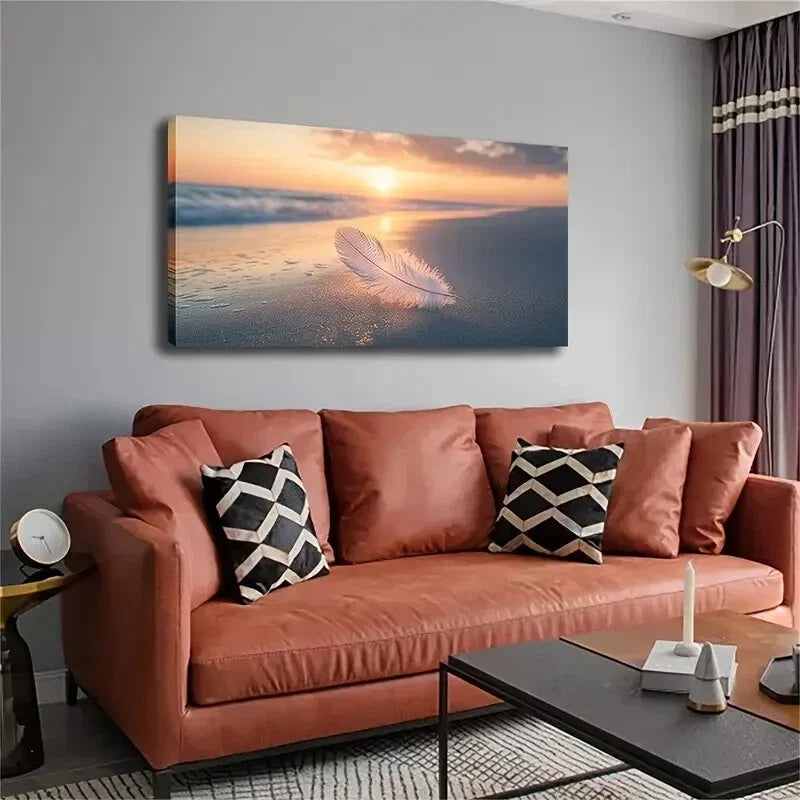 A White Feather Placed Beach Wall Art Canvas Office Home Room Framed 120x60cm