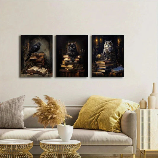 3pcs Gothic Victorian Owl Crow & Black Cat Metal Print Ready to Hang Art