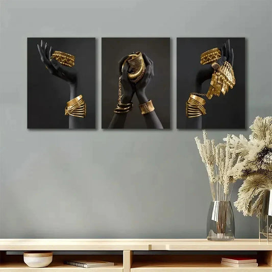 3pcs Hand And Golden Jewelry African Girl Black Metal Print Ready to Hang Art