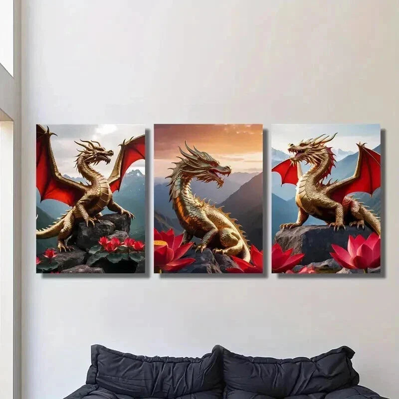 3pcs Golden Dragons with Red Wings Wall Art Set Canvas Framed 40x60cm - High Quality Print 100% Australian Made Wall Canvas Ready to Hang