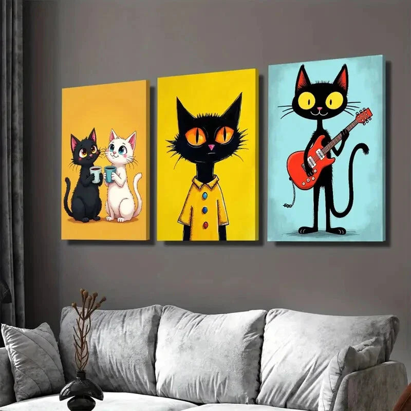 3pcs Colorful Cat Animal Lovers Black Yellow Wall Art Set Canvas Framed 40x60cm - High Quality Print 100% Australian Made Wall Canvas Ready to Hang