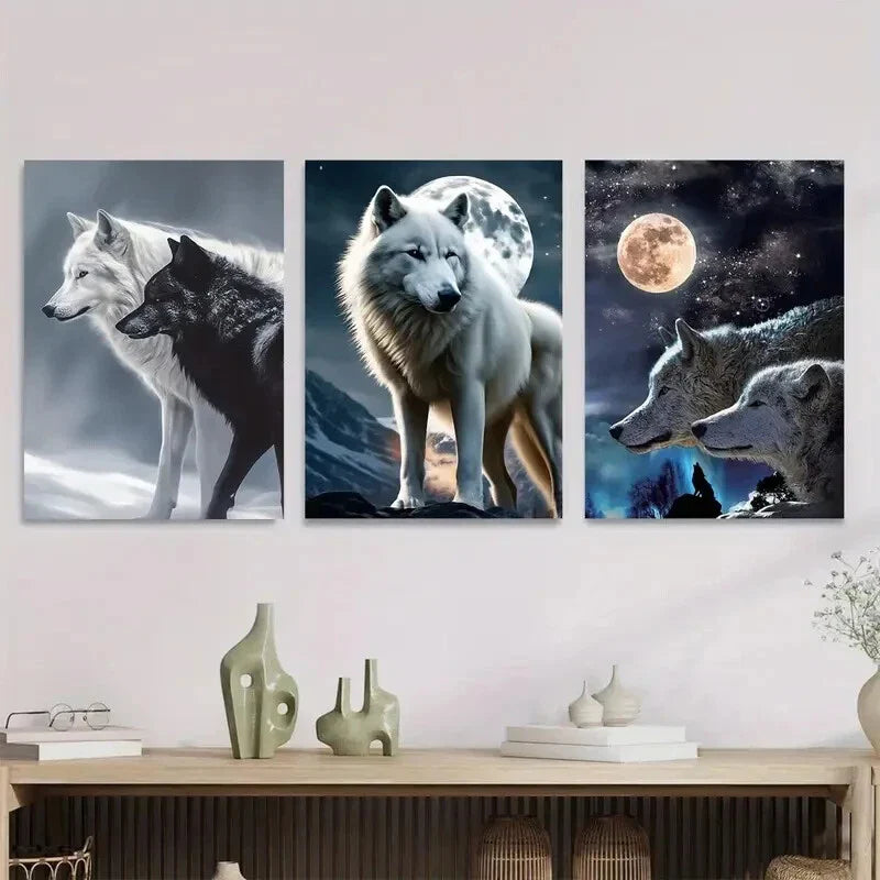 3pcs Wolf Triptych Moonlit Night Sky Metal Print Ready to Hang Art