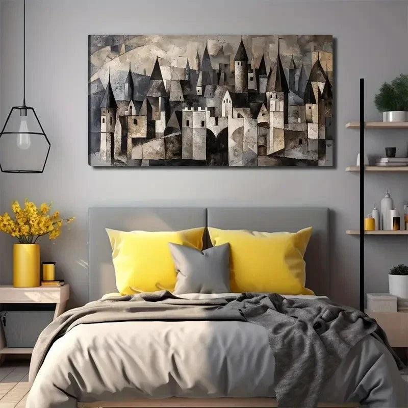 Abstract Castle Modern Wall Art Canvas Office Home Room Framed 80x45cm