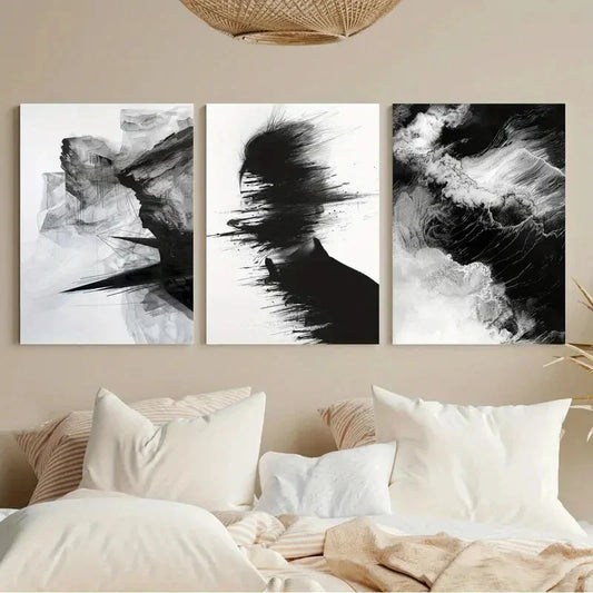 3pcs Vintage Black White Abstract Black Metal Print Ready to Hang Art