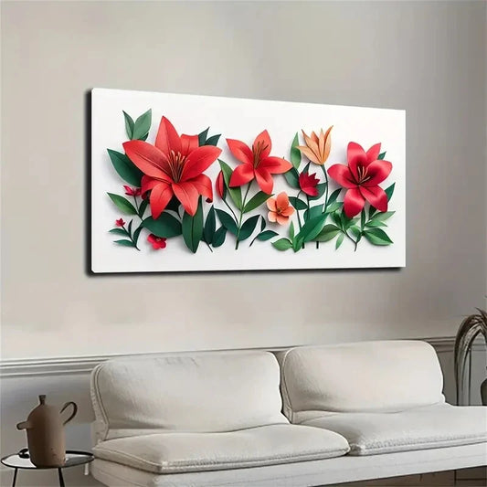 Vibrant Red Lilies Greenc Leave Wall Art Canvas Office Home Room Framed 120x60cm