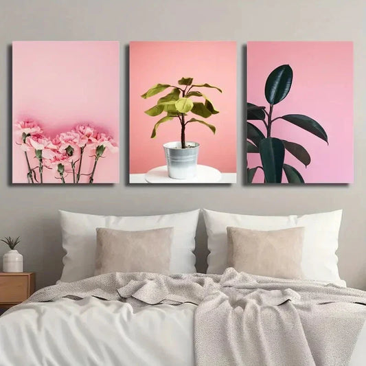 3pcs Animal Plant Flower Leaf Art Flowerpot Metal Print Ready to Hang Art