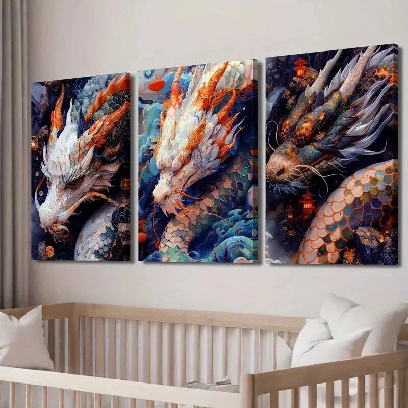 3pcs Gorgeous Oriental Dragon Decorative Wall Art Set Canvas Framed 40x60cm - High Quality Print 100% Australian Made Wall Canvas Ready to Hang