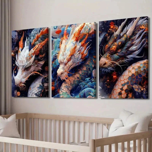3pcs Gorgeous Oriental Dragon Decorative Wall Art Set Canvas Framed 40x60cm - High Quality Print 100% Australian Made Wall Canvas Ready to Hang